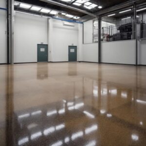 This image shows a living room with an epoxy floor.