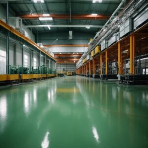 This image shows a living room with an epoxy floor.