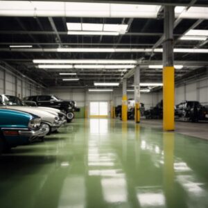 This image shows a living room with an epoxy floor.