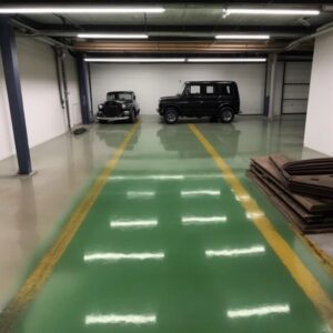 This image shows a living room with an epoxy floor.