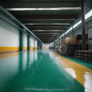 This image shows a living room with an epoxy floor.